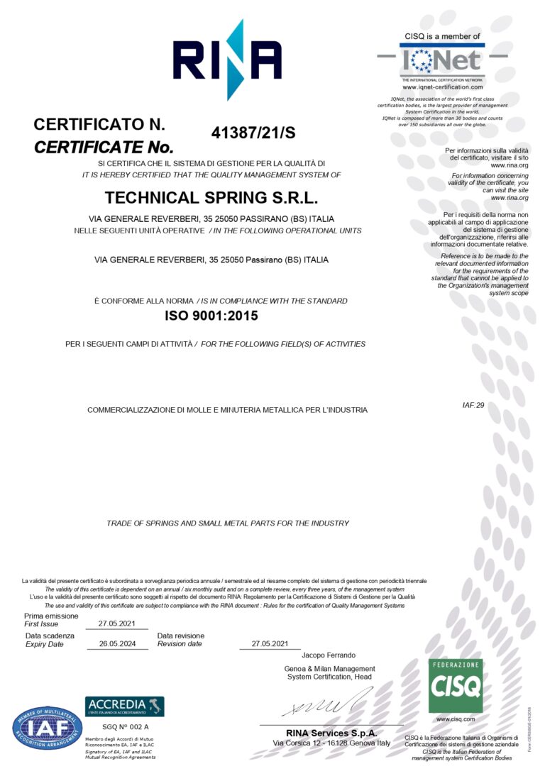 TECHNICAL SPRING SRL - ISO 9001
